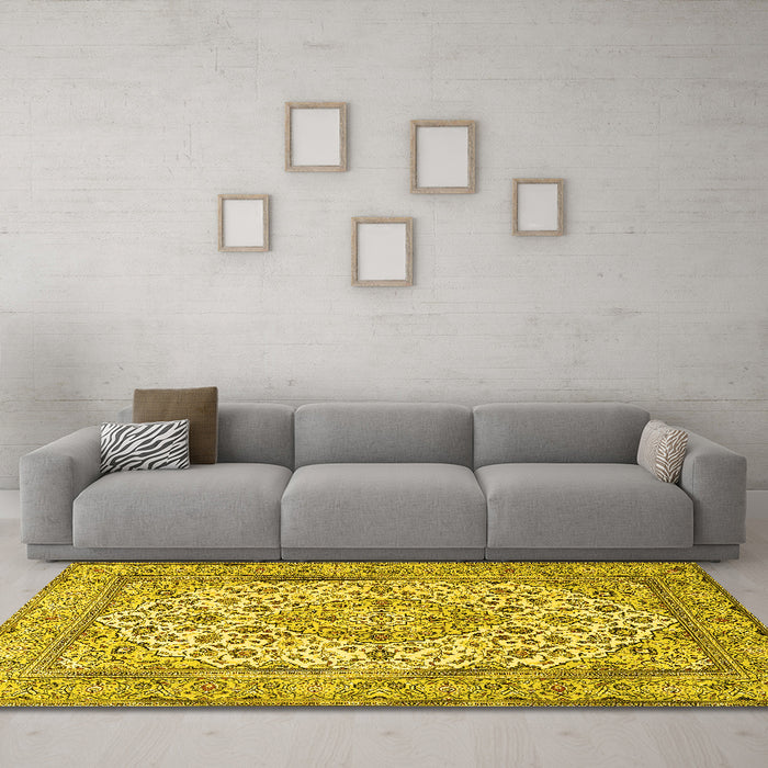 Machine Washable Medallion Yellow Traditional Rug in a Living Room, wshtr4218yw