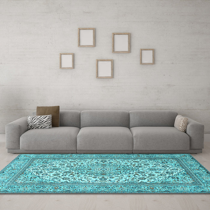 Machine Washable Medallion Light Blue Traditional Rug in a Living Room, wshtr4218lblu