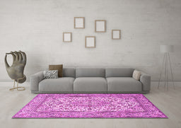 Machine Washable Medallion Pink Traditional Rug in a Living Room, wshtr4218pnk