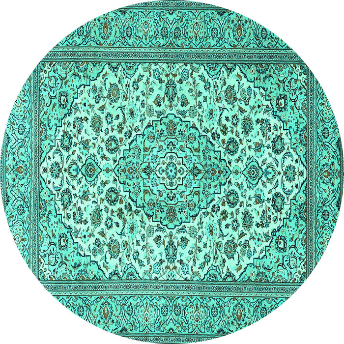 Round Machine Washable Medallion Turquoise Traditional Area Rugs, wshtr4218turq