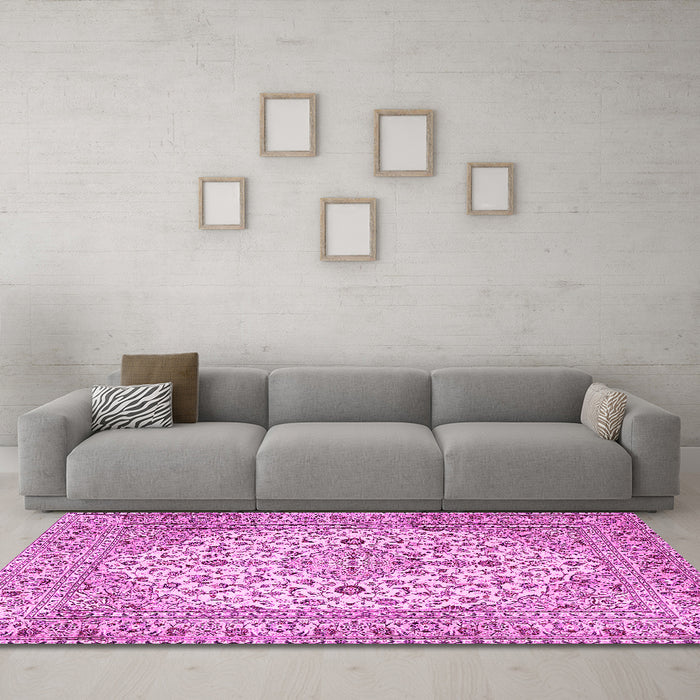 Machine Washable Medallion Pink Traditional Rug in a Living Room, wshtr4219pnk