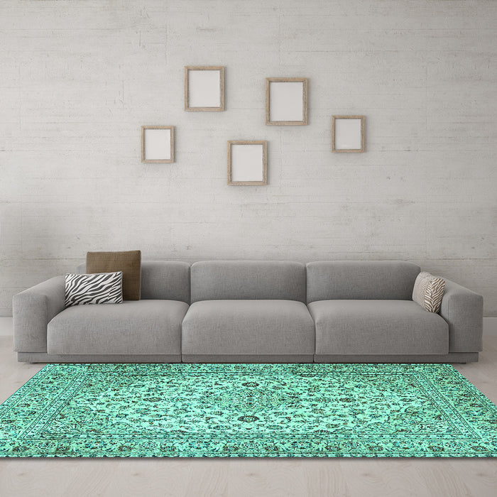 Machine Washable Medallion Turquoise Traditional Area Rugs in a Living Room,, wshtr4219turq
