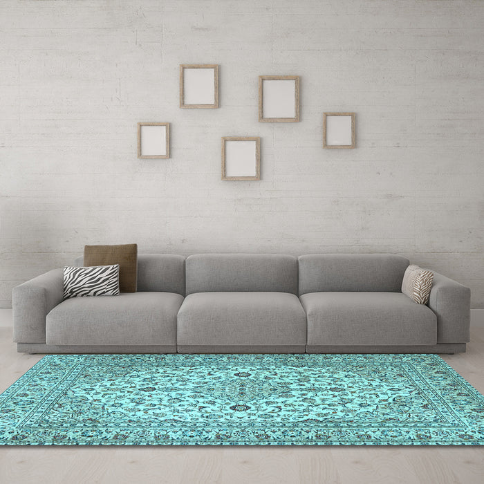 Machine Washable Medallion Light Blue Traditional Rug in a Living Room, wshtr4219lblu