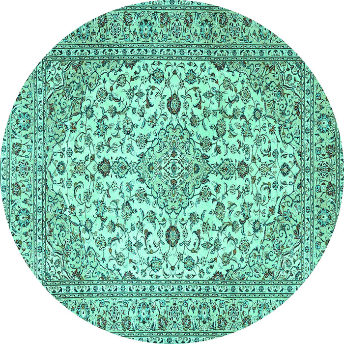 Round Machine Washable Medallion Turquoise Traditional Area Rugs, wshtr4219turq
