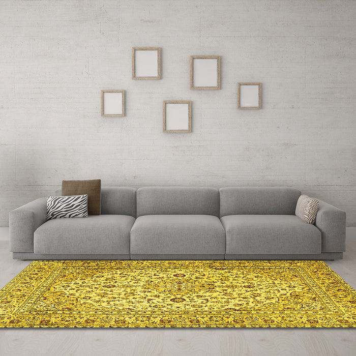 Machine Washable Medallion Yellow Traditional Rug in a Living Room, wshtr4219yw