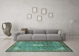 Machine Washable Persian Turquoise Traditional Area Rugs in a Living Room,, wshtr421turq