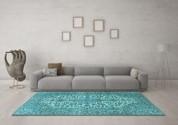 Machine Washable Medallion Light Blue Traditional Rug in a Living Room, wshtr4220lblu