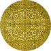 Round Machine Washable Medallion Yellow Traditional Rug, wshtr4220yw