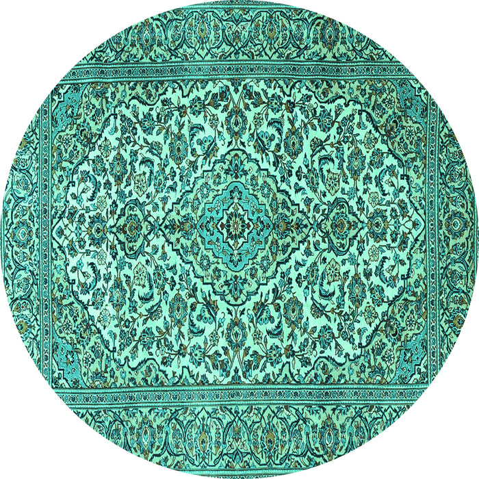 Round Machine Washable Medallion Turquoise Traditional Area Rugs, wshtr4220turq