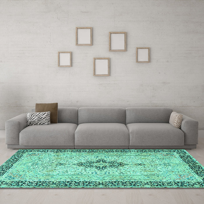 Machine Washable Medallion Turquoise Traditional Area Rugs in a Living Room,, wshtr4221turq
