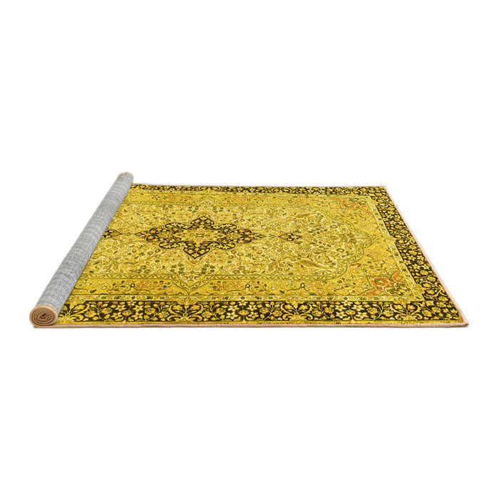 Sideview of Machine Washable Medallion Yellow Traditional Rug, wshtr4221yw