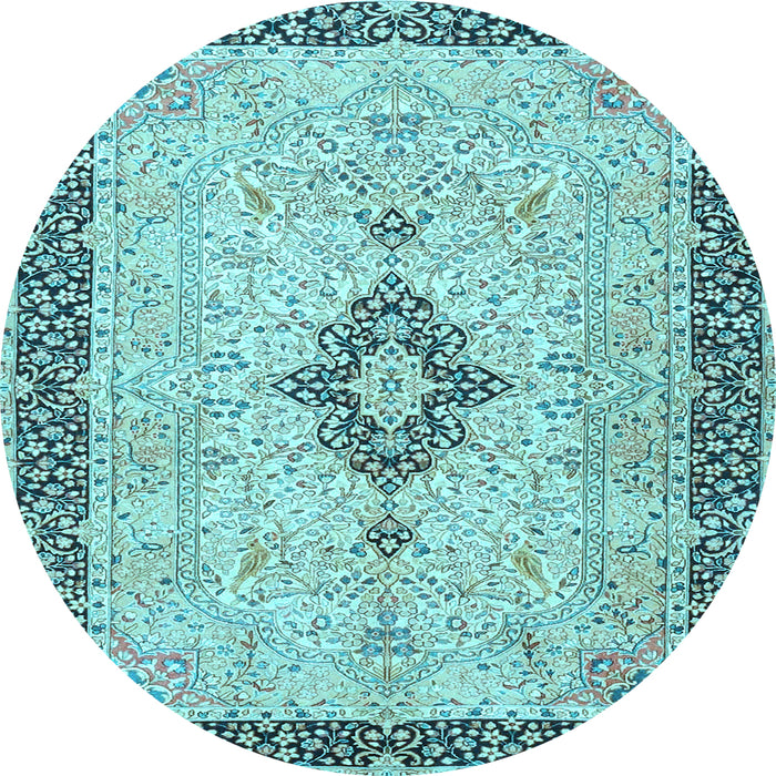 Round Machine Washable Medallion Light Blue Traditional Rug, wshtr4221lblu