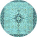 Round Machine Washable Medallion Light Blue Traditional Rug, wshtr4221lblu