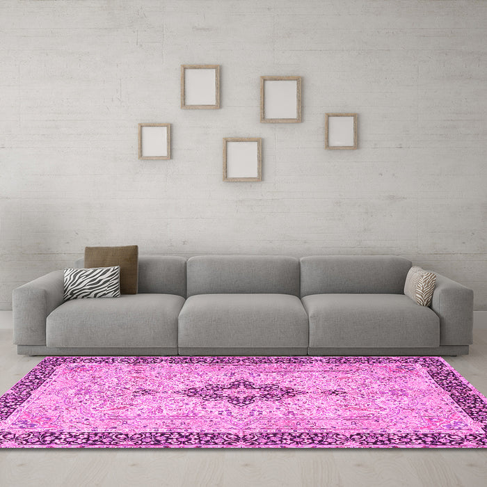 Machine Washable Medallion Pink Traditional Rug in a Living Room, wshtr4221pnk