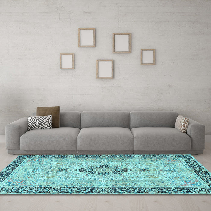 Machine Washable Medallion Light Blue Traditional Rug in a Living Room, wshtr4221lblu
