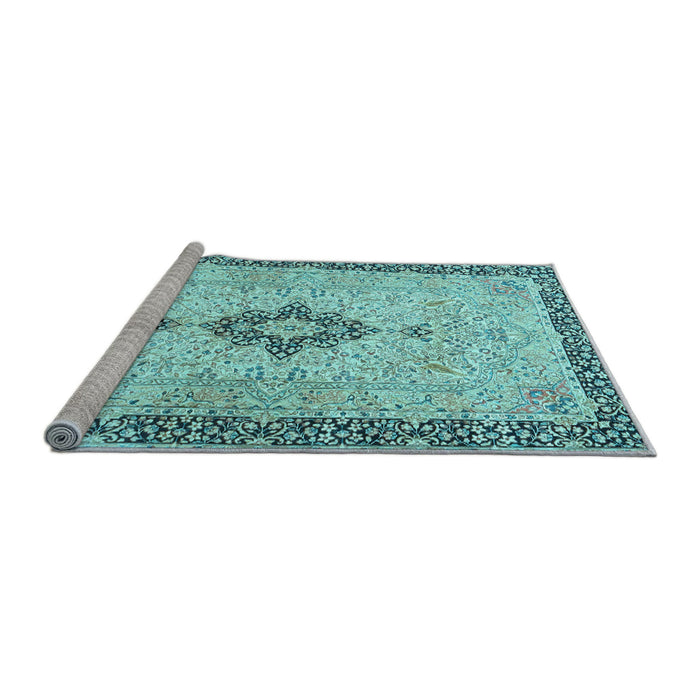 Sideview of Machine Washable Medallion Light Blue Traditional Rug, wshtr4221lblu