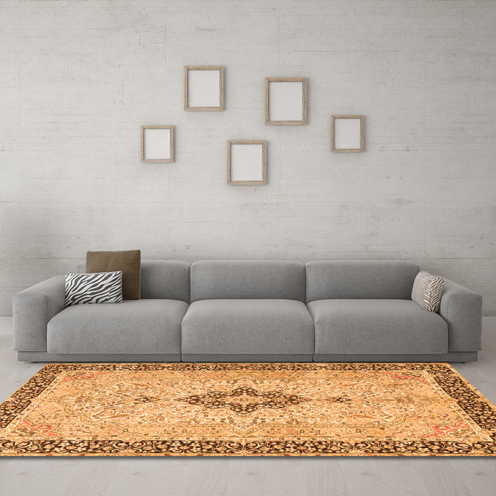 Machine Washable Medallion Orange Traditional Area Rugs in a Living Room, wshtr4221org