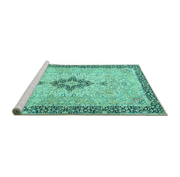 Sideview of Machine Washable Medallion Turquoise Traditional Area Rugs, wshtr4221turq