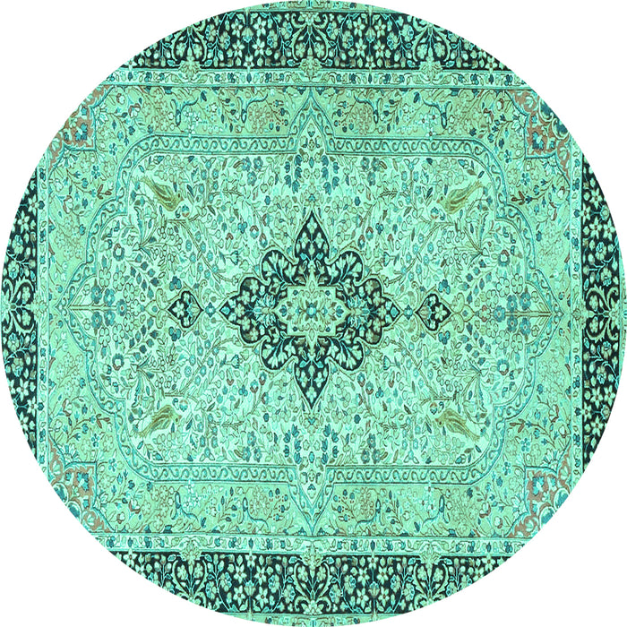 Round Machine Washable Medallion Turquoise Traditional Area Rugs, wshtr4221turq