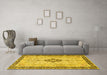 Machine Washable Medallion Yellow Traditional Rug in a Living Room, wshtr4221yw