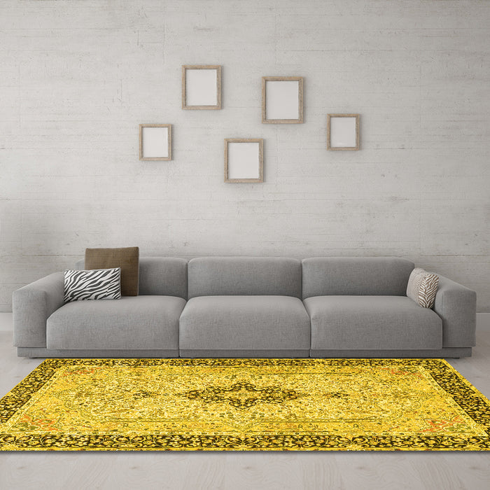 Machine Washable Medallion Yellow Traditional Rug in a Living Room, wshtr4221yw