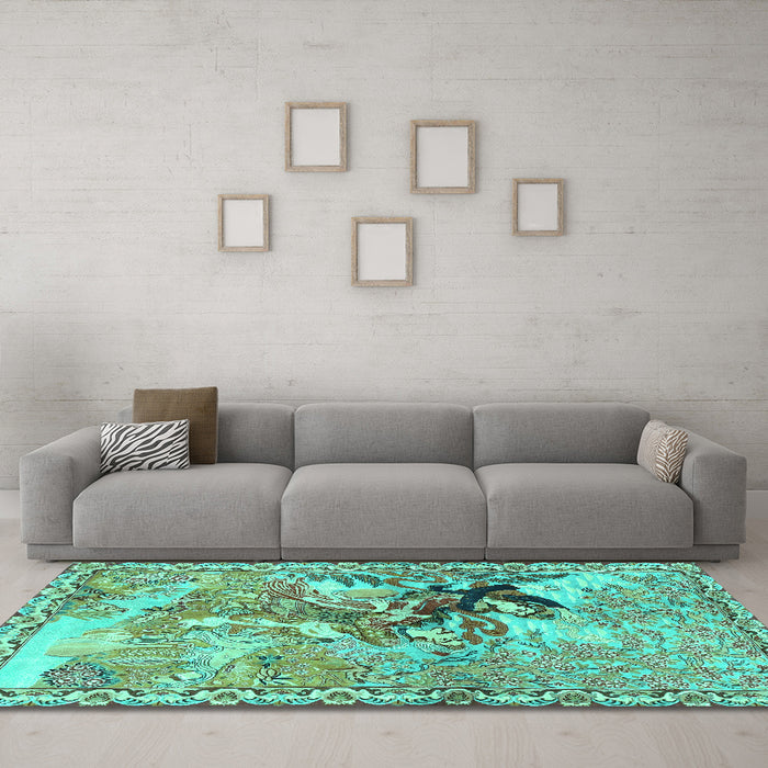 Machine Washable Animal Turquoise Traditional Area Rugs in a Living Room,, wshtr4222turq