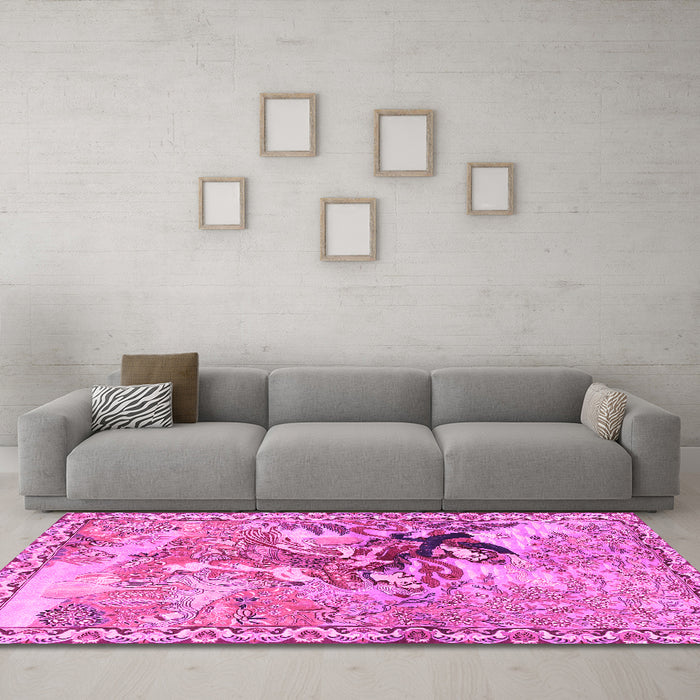 Machine Washable Animal Pink Traditional Rug in a Living Room, wshtr4222pnk