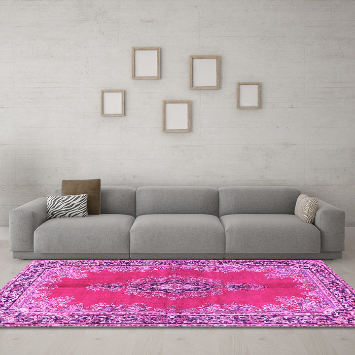 Machine Washable Persian Pink Traditional Rug in a Living Room, wshtr4223pnk