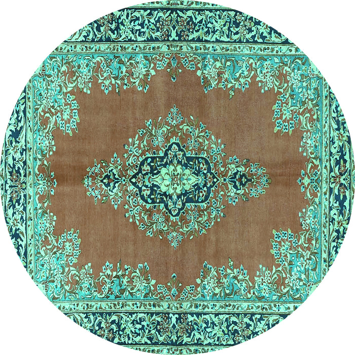 Round Machine Washable Persian Turquoise Traditional Area Rugs, wshtr4223turq