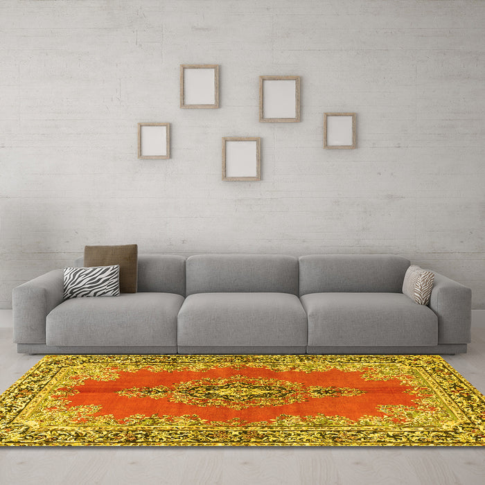 Machine Washable Persian Yellow Traditional Rug in a Living Room, wshtr4223yw