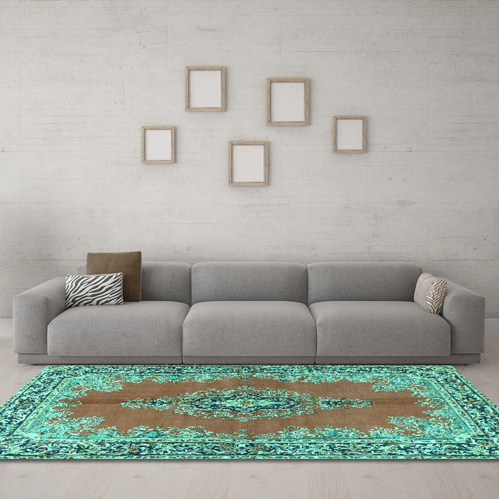 Machine Washable Persian Turquoise Traditional Area Rugs in a Living Room,, wshtr4223turq
