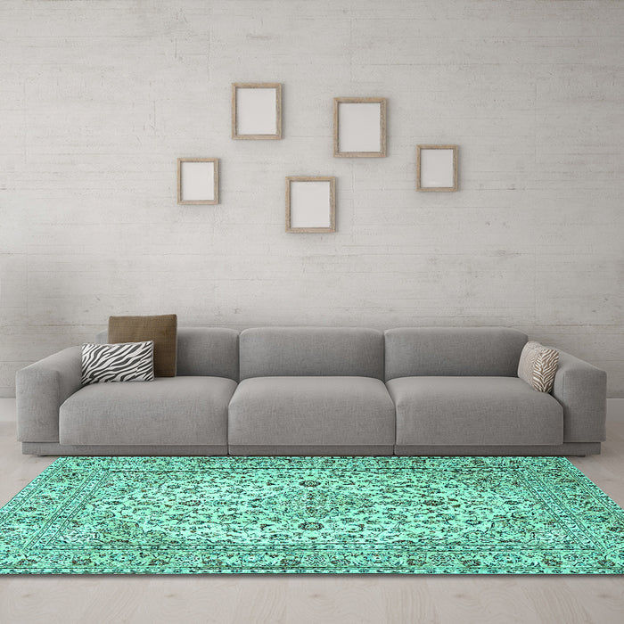 Machine Washable Persian Turquoise Traditional Area Rugs in a Living Room,, wshtr4227turq
