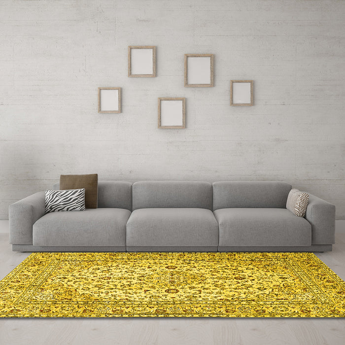 Machine Washable Persian Yellow Traditional Rug in a Living Room, wshtr4227yw