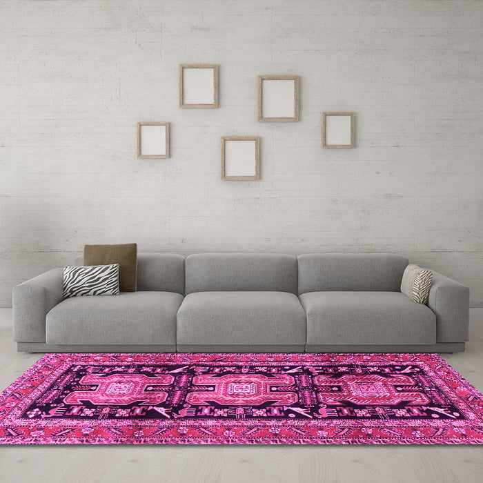 Machine Washable Persian Pink Traditional Rug in a Living Room, wshtr4228pnk