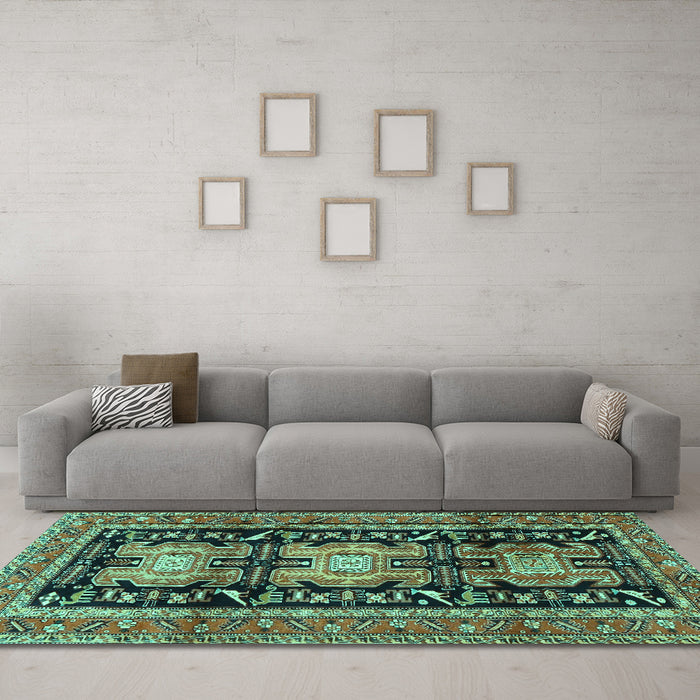 Machine Washable Persian Turquoise Traditional Area Rugs in a Living Room,, wshtr4228turq