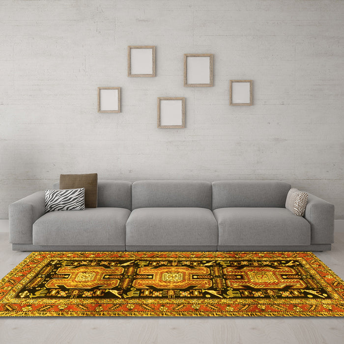 Machine Washable Persian Yellow Traditional Rug in a Living Room, wshtr4228yw