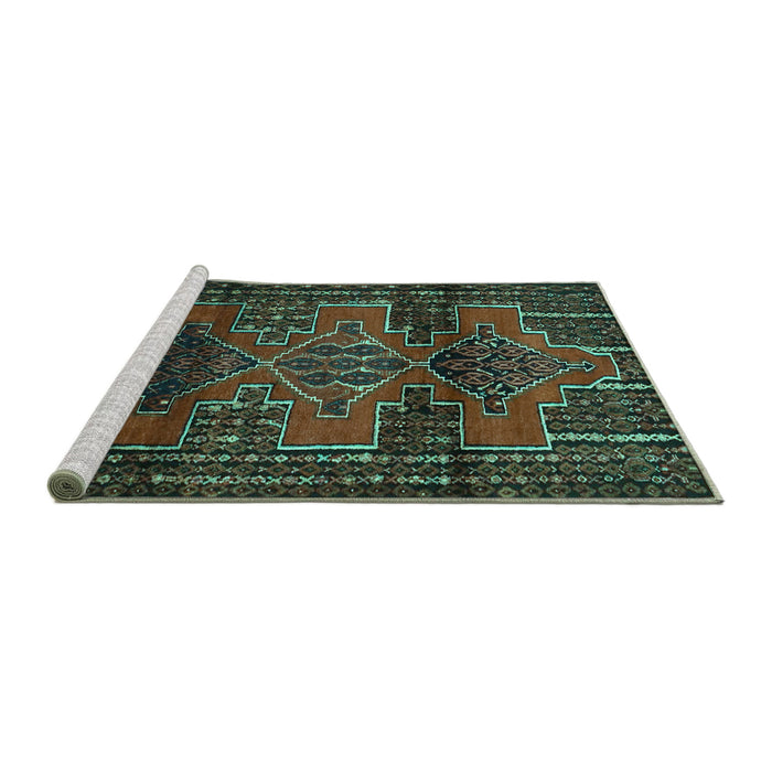 Sideview of Machine Washable Persian Turquoise Traditional Area Rugs, wshtr4229turq