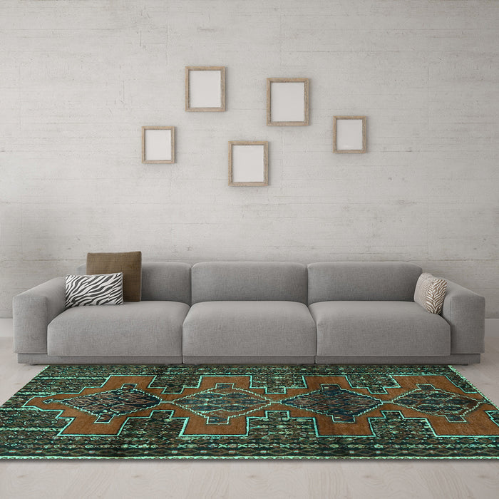 Machine Washable Persian Turquoise Traditional Area Rugs in a Living Room,, wshtr4229turq