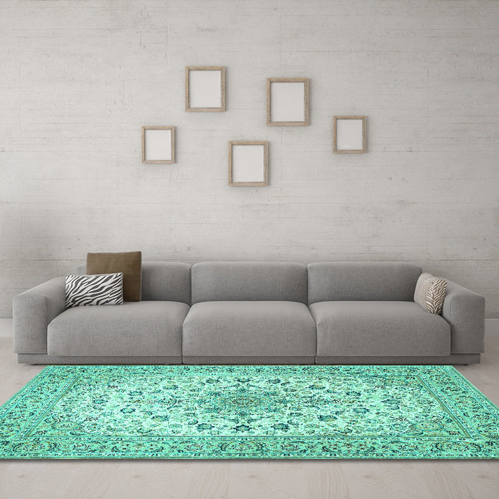 Machine Washable Medallion Turquoise Traditional Area Rugs in a Living Room,, wshtr422turq