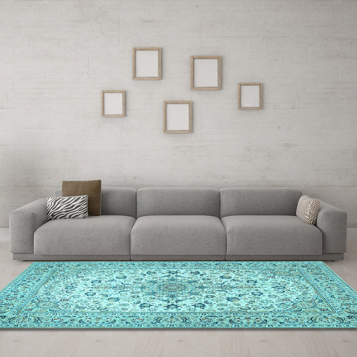 Machine Washable Medallion Light Blue Traditional Rug in a Living Room, wshtr422lblu