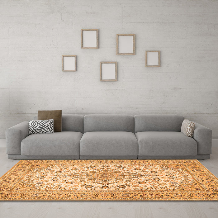 Machine Washable Medallion Orange Traditional Area Rugs in a Living Room, wshtr422org