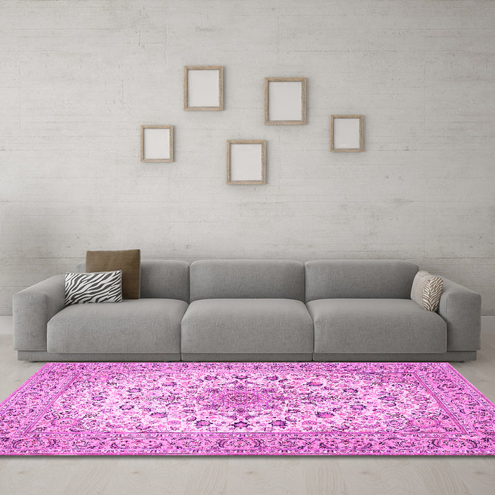 Machine Washable Medallion Pink Traditional Rug in a Living Room, wshtr422pnk