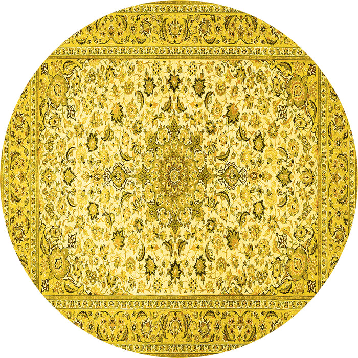 Round Machine Washable Medallion Yellow Traditional Rug, wshtr422yw