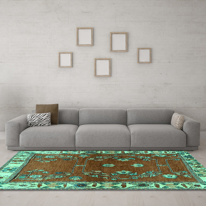 Machine Washable Persian Turquoise Traditional Area Rugs in a Living Room,, wshtr4230turq