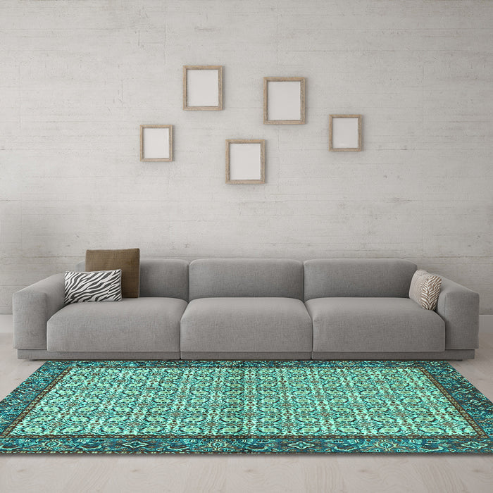Machine Washable Persian Turquoise Traditional Area Rugs in a Living Room,, wshtr4231turq