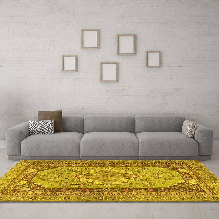 Machine Washable Persian Yellow Traditional Rug in a Living Room, wshtr4233yw