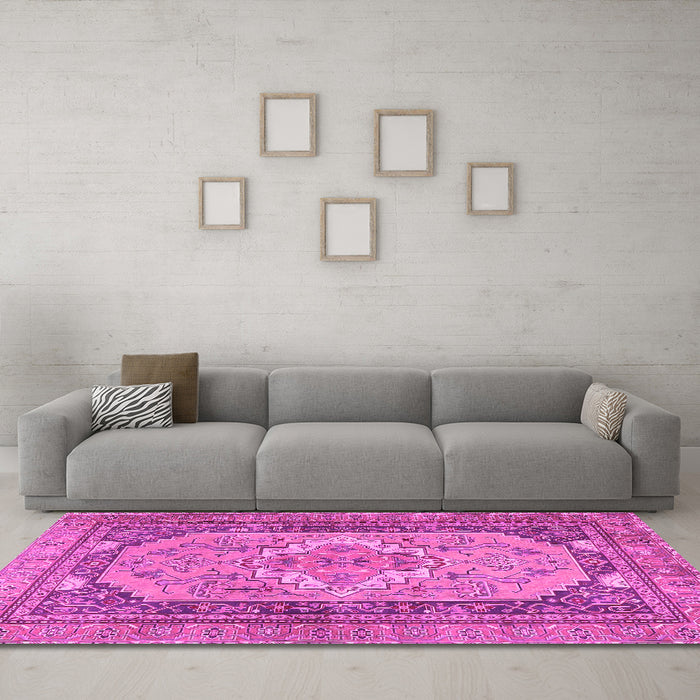 Machine Washable Persian Pink Traditional Rug in a Living Room, wshtr4233pnk