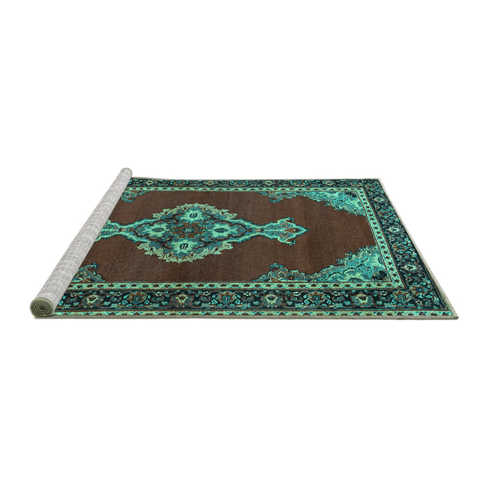 Sideview of Machine Washable Persian Turquoise Traditional Area Rugs, wshtr4234turq