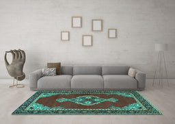 Machine Washable Persian Turquoise Traditional Area Rugs in a Living Room,, wshtr4234turq