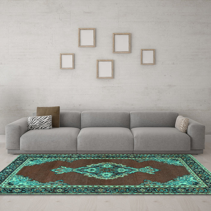 Machine Washable Persian Turquoise Traditional Area Rugs in a Living Room,, wshtr4234turq